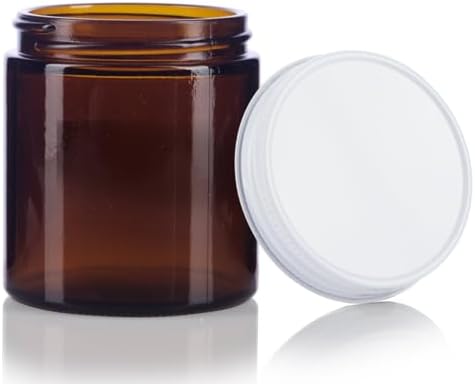 JUVITUS Amber Glass Jar with White Metal Lid - 4 oz 6 Pack