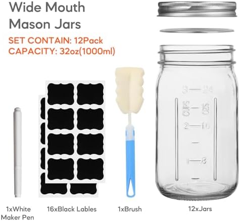 TOEKSIX Wide Mouth Mason Jars 32 oz Durable Multipurpose Glass Jars