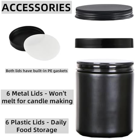 6 Pack 8oz Black Glass Jars with Metal Plastic Lids