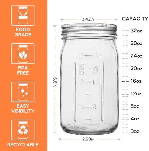 TOEKSIX Wide Mouth Mason Jars 32 oz Durable Multipurpose Glass Jars