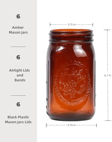 Yodecy 6 Pack 32 oz Amber Wide Mouth Mason Jars with Airtight Lids and Plastic Lids