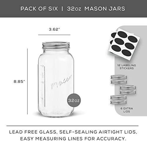 JoyJolt Mason Jars 32 Oz 6-Pack