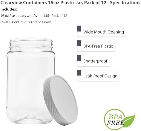 12 Pack 16 Ounce Clearview Plastic Pint Jars with Leak Proof Lids
