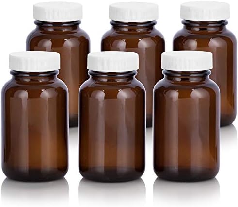 JUVITUS 6-Pack of 4oz Amber Glass Packer Bottles with White Ribbed Lid