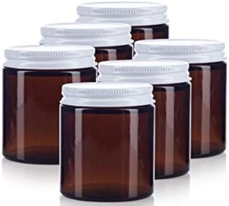 JUVITUS Amber Glass Jar with White Metal Lid - 4 oz 6 Pack
