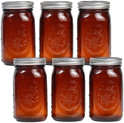 Yodecy 6 Pack 32 oz Amber Wide Mouth Mason Jars with Airtight Lids and Plastic Lids