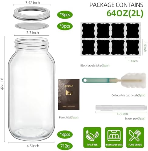 REUJIHXY64 oz Wide Mouth Airtight Mason Jars for Preserving and Canning