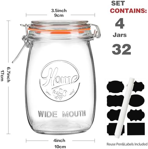 32oz Wide Mouth Mason Jars Set of 4 with Airtight Lids