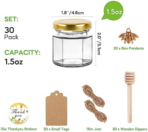 EkkoVla 30-Piece Elegant Glass Honey Jar Set with Gold Lids