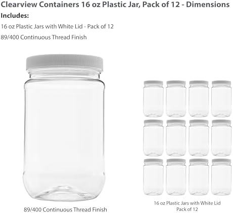 12 Pack 16 Ounce Clearview Plastic Pint Jars with Leak Proof Lids