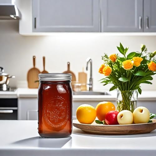 Yodecy 6 Pack 32 oz Amber Wide Mouth Mason Jars with Airtight Lids and Plastic Lids