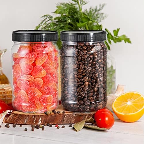 Fasmov 9 Pack 32 Oz Plastic Jars with Black Lids