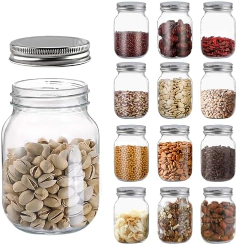 Novelinks 16 OZ Clear Plastic Mason Jars with Airtight Lids - 12 Pack Silver