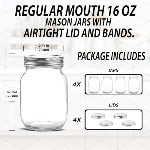 16 oz Glass Mason Jars with Silver Lids 4 Pack
