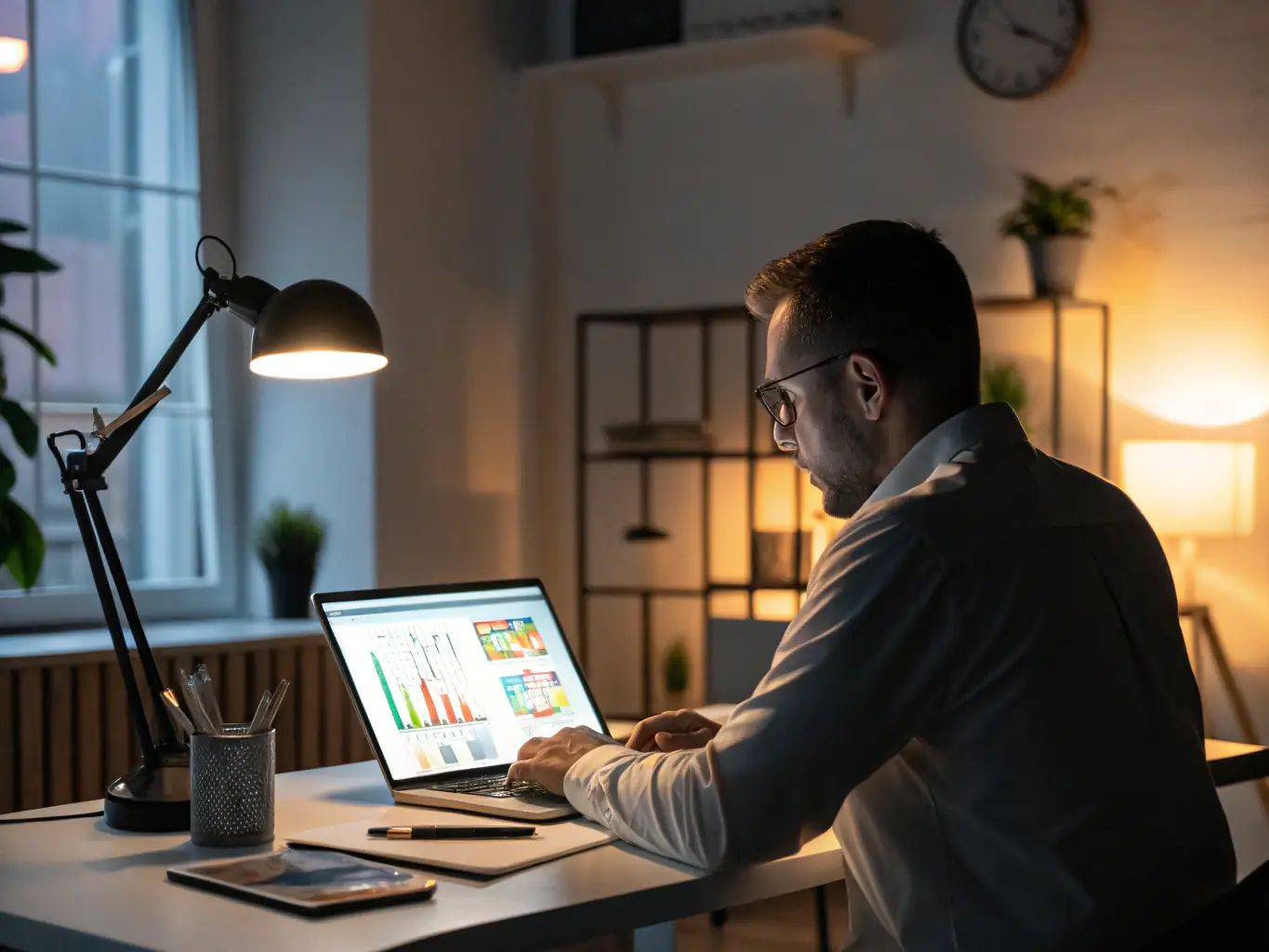 An image showing a consultant analyzing data on a laptop with visual graphs displayed, highlighting the use of data analytics in decision-making.