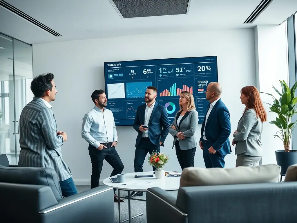 An image depicting a team of consultants discussing a tech strategy plan with a client in a modern office setting, emphasizing collaboration and strategic thinking.
