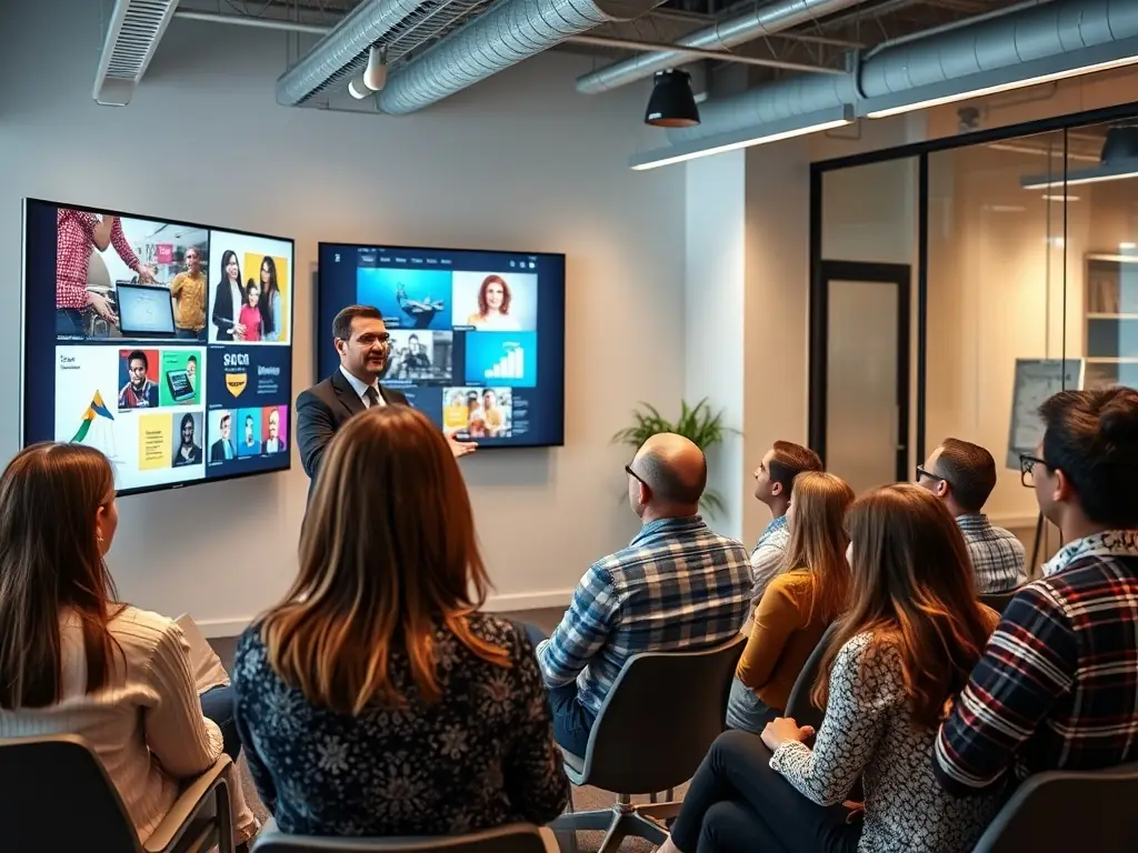 A professional consultant presenting innovative solutions to a diverse team, showcasing ELLITTETECH LTD's commitment to forward-thinking strategies and client collaboration.